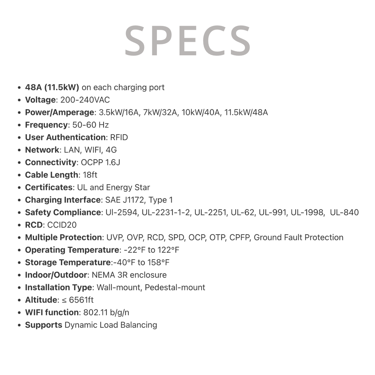 Commercial Dual EV Charging Station with Cable Management, Dual CSE1 LEVEL 2, 48A, RFID